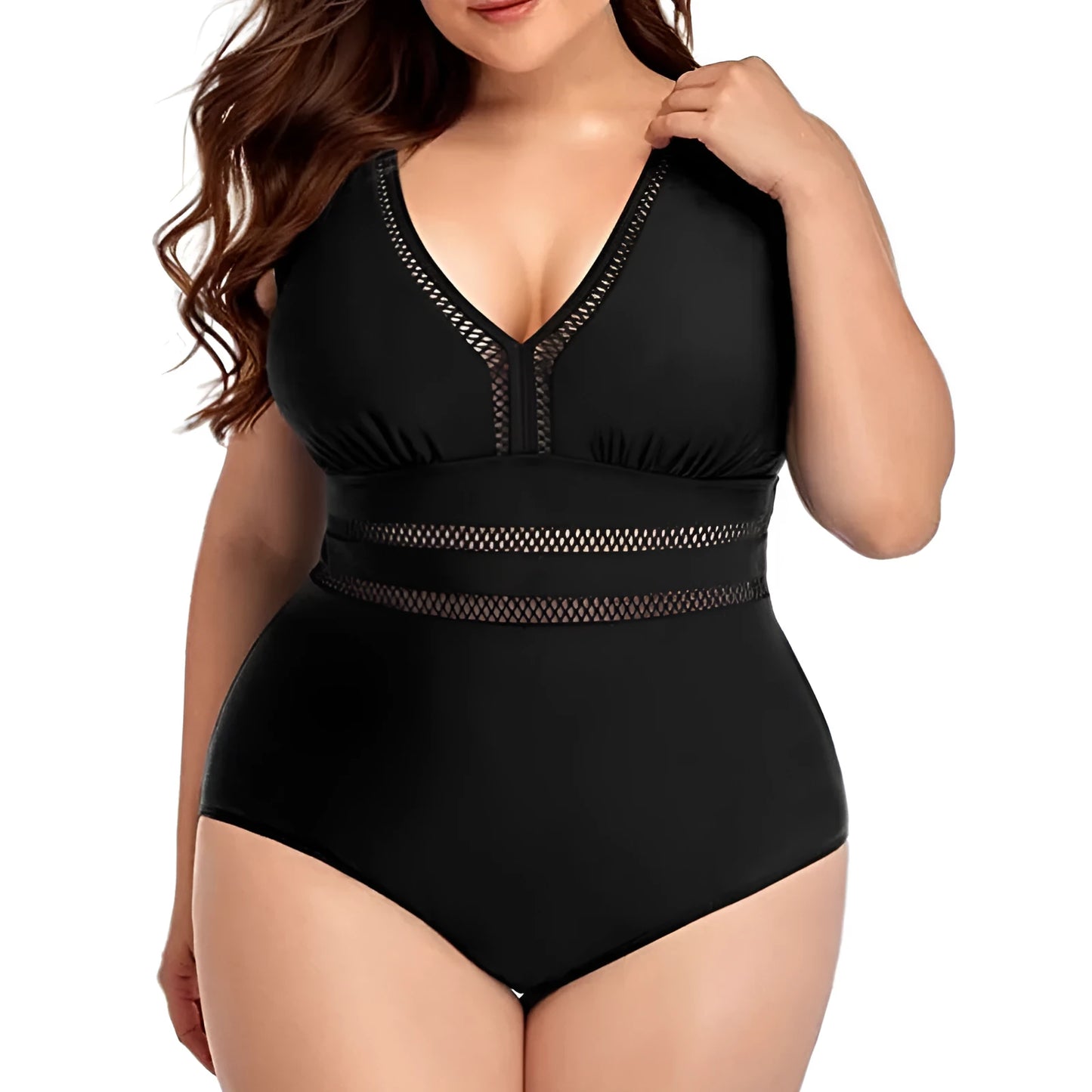 Black plus-size bikini swimsuit with print design and mesh fabric, shown on a hanger.
