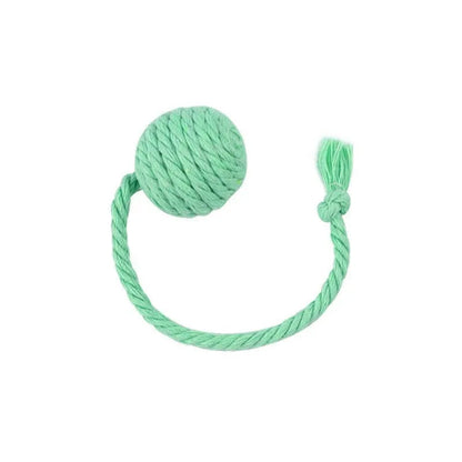 Interactive cat toy ball with bell and rope in green, pink, purple or yellow colours, shown in 3cm and 6cm sizes