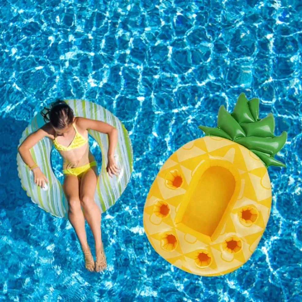 Yellow pineapple-shaped inflatable float with drink holders on 30cm platform