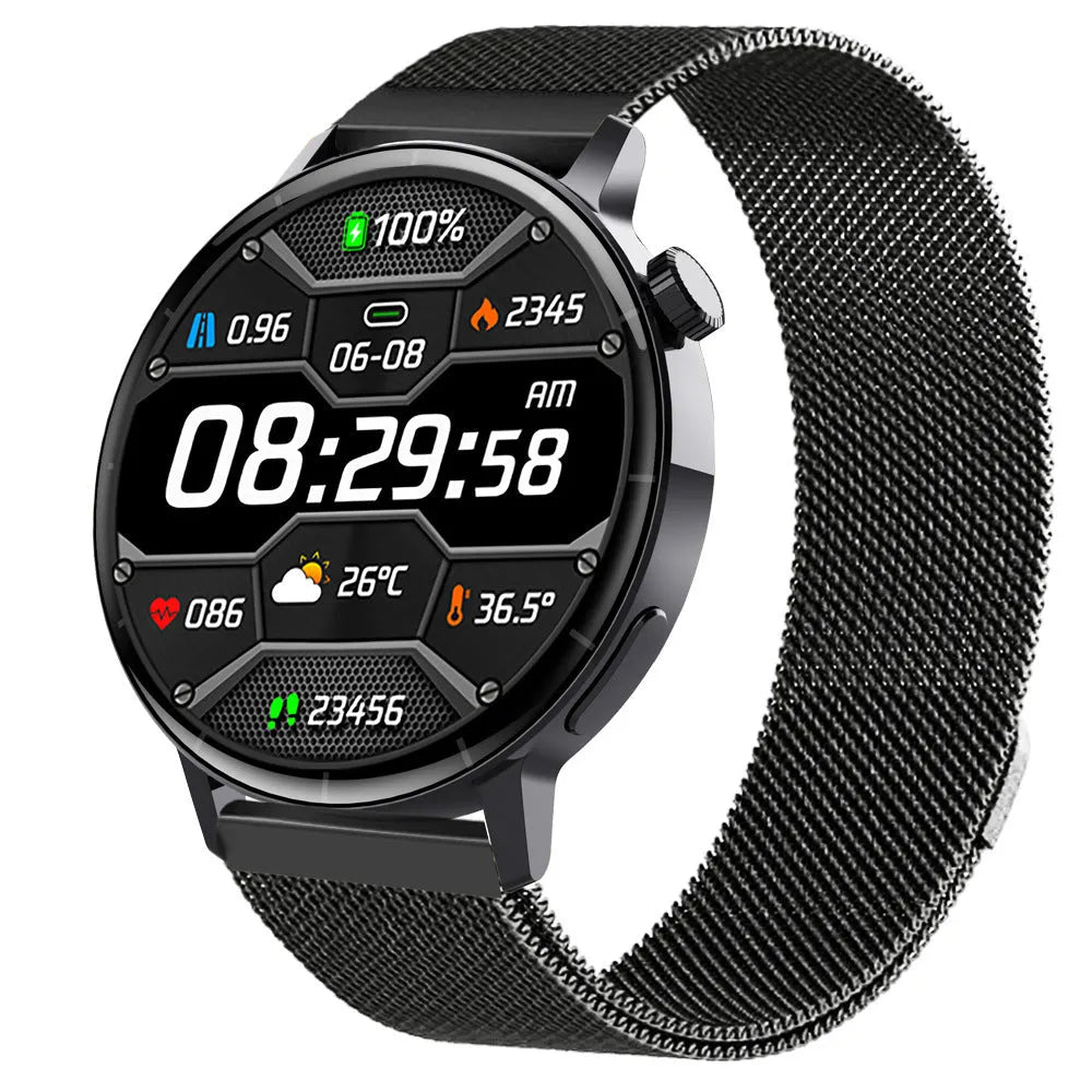 F67S blood glucose smart watch with leather strap showing health monitoring display