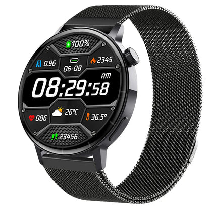 F67S blood glucose smart watch with leather strap showing health monitoring display