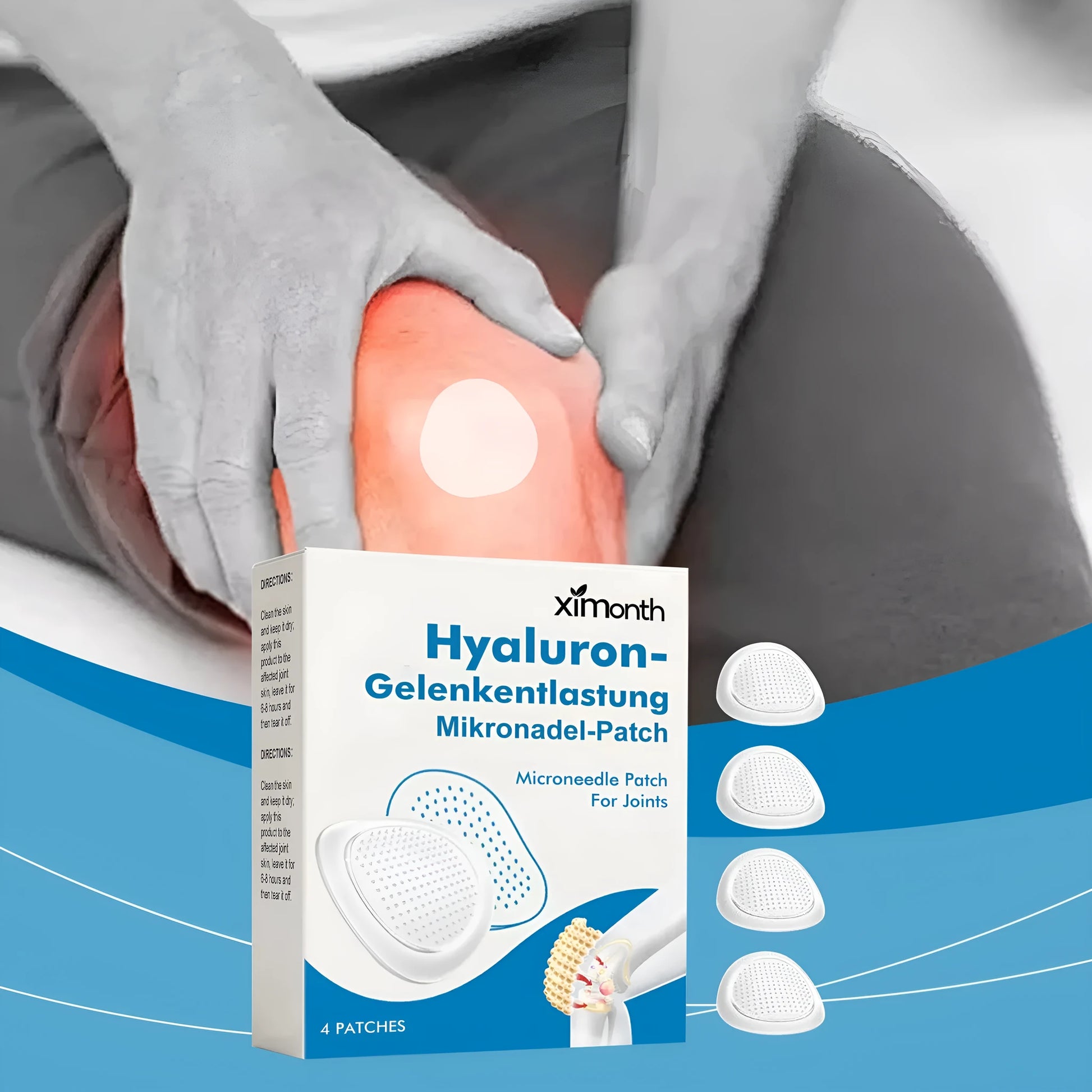 Four hyaluronic acid joint relief microneedle patches with botanical ingredients on PE backing