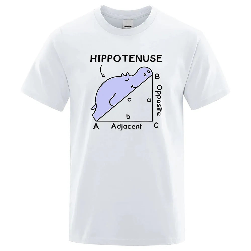 Loose fit white cotton t-shirt featuring a colourful 'Hippotenuse Opposite Adjacent' funny printed design on the front.
