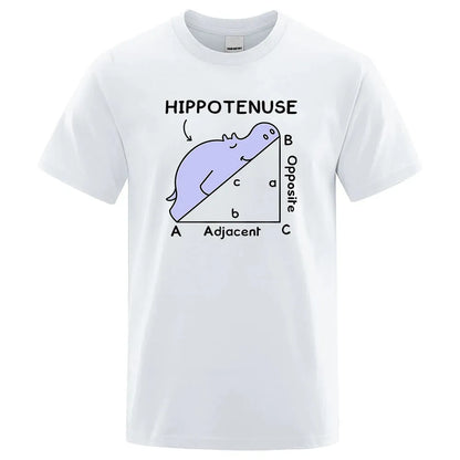 Loose fit white cotton t-shirt featuring a colourful 'Hippotenuse Opposite Adjacent' funny printed design on the front.