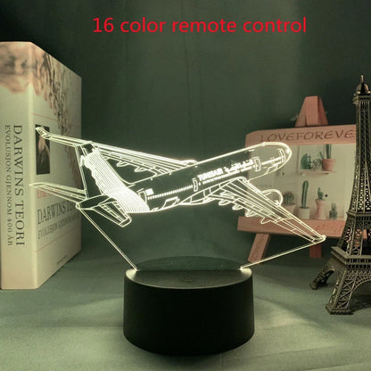 Custom 3D airplane hologram night light with optical acrylic panel and ABS base showing colour-changing illumination