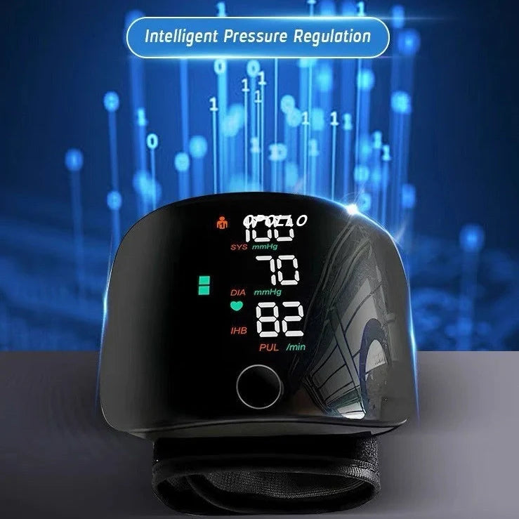 Black wrist blood pressure monitor with USB charging port and multilingual voice guidance options