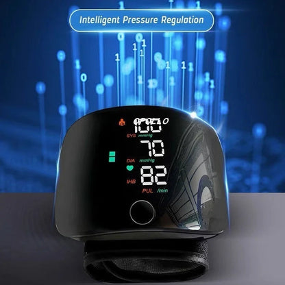 Black wrist blood pressure monitor with USB charging port and multilingual voice guidance options