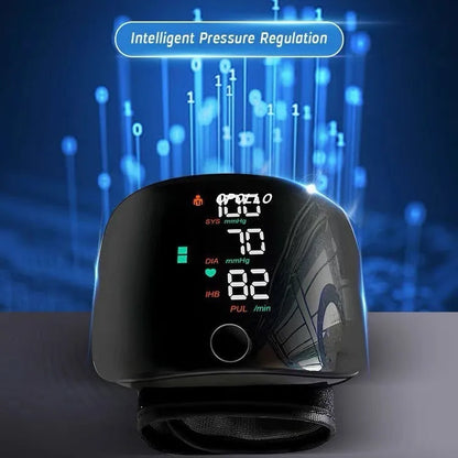 Black wrist sphygmomanometer with USB rechargeable battery and multilingual voice options for blood pressure monitoring