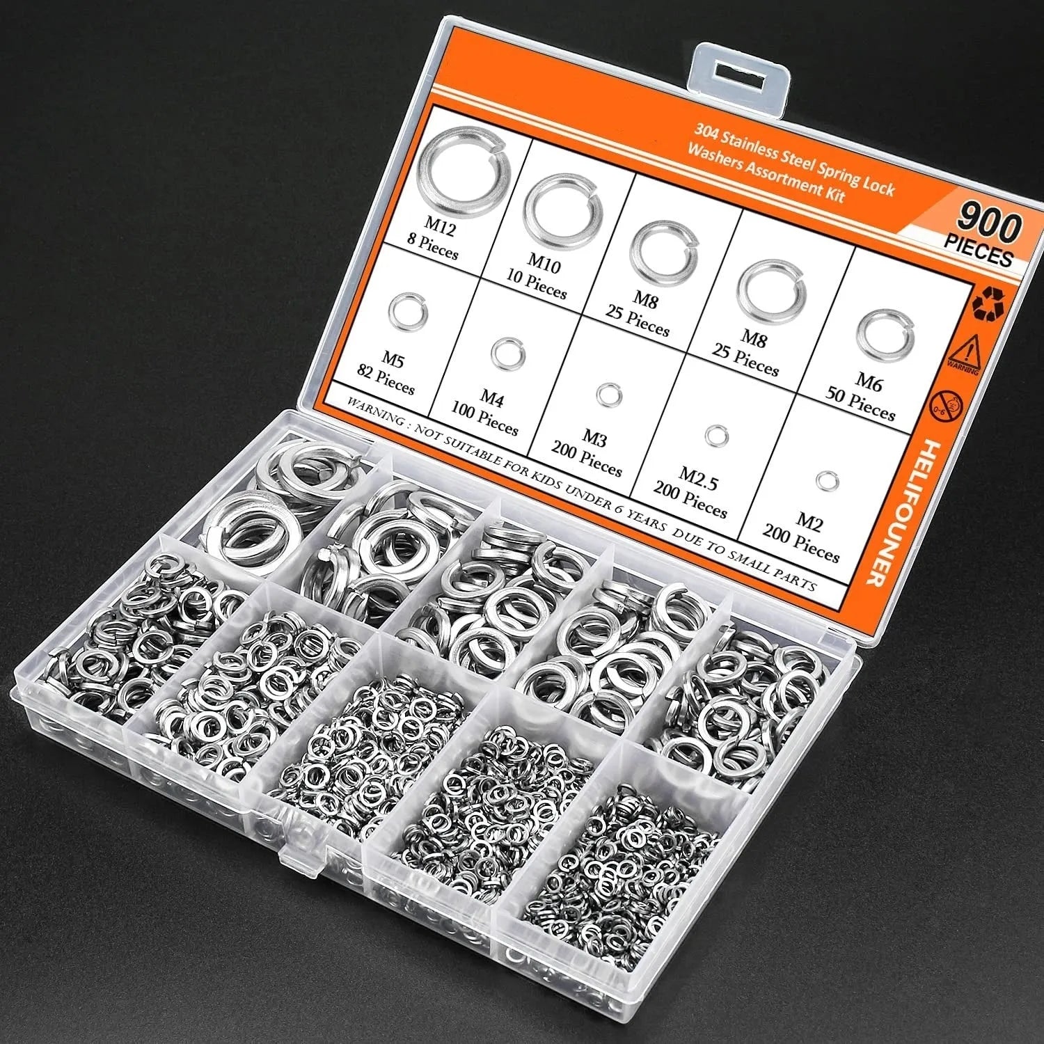 304 stainless steel spring lock washer assortment with 900 pieces in plastic storage container