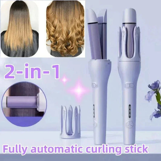 Automatic dual-function hair curler and straightener with left and right rotating barrels, adjustable temperature settings, and safety features for salon-quality styles at home
