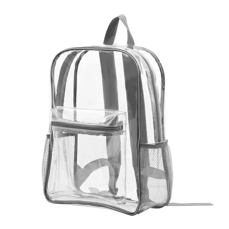 Transparent PVC travel backpack showing contents through clear material with 50 litre capacity