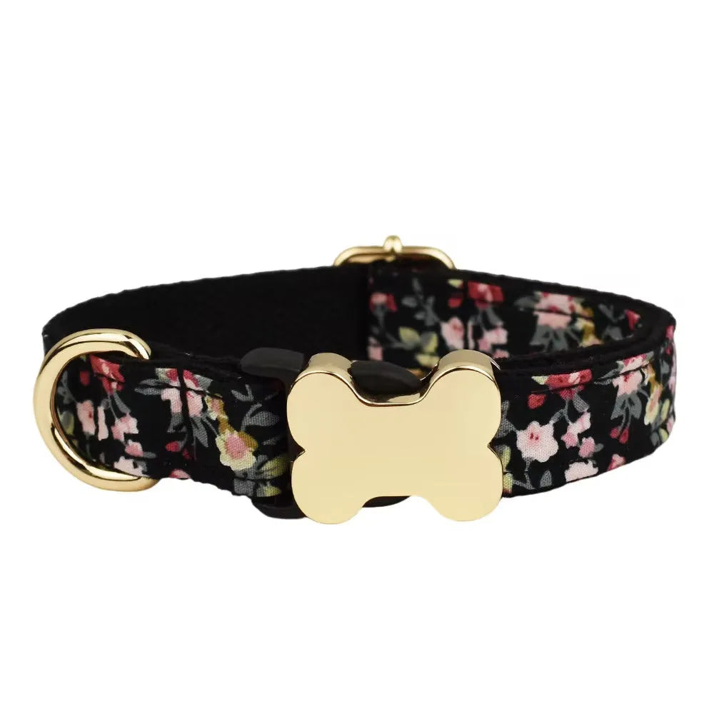 Flat nylon dog collar with bone buckle in a printed grid pattern, shown in multiple colour options.