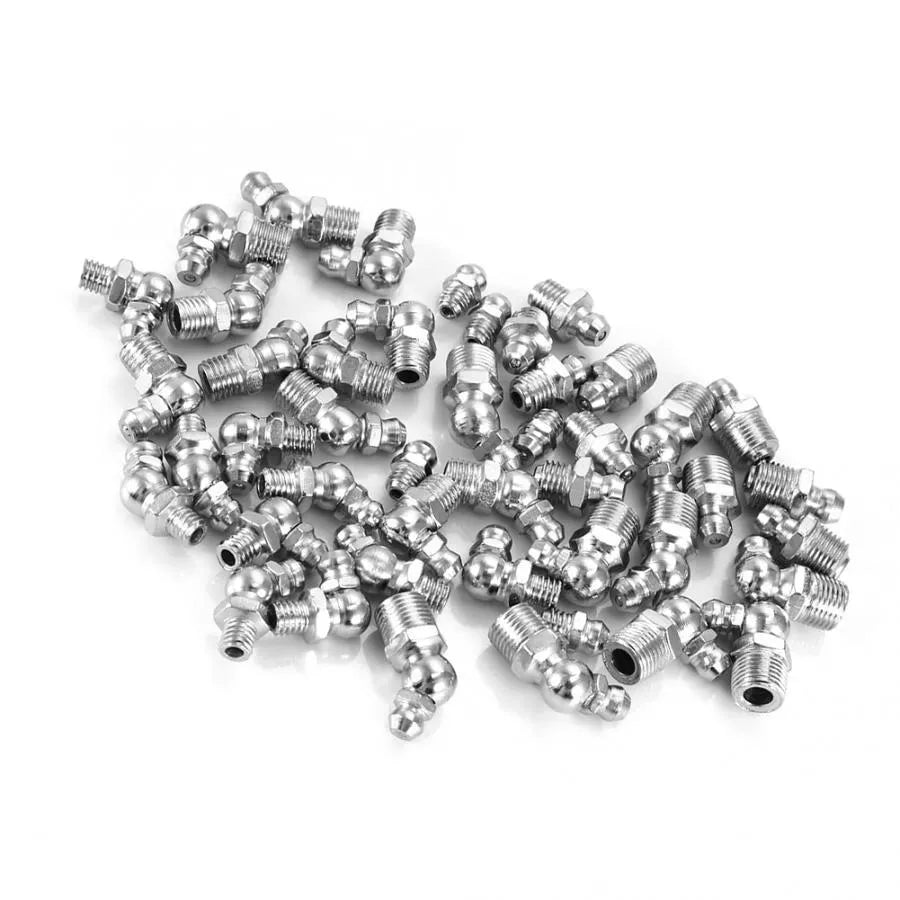 Nickel-plated iron grease nipple set with straight and curved nozzles for universal lubrication