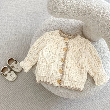 Girls' apricot white cotton knitted coat with round neck, shown in various height sizes from 66cm to 100cm