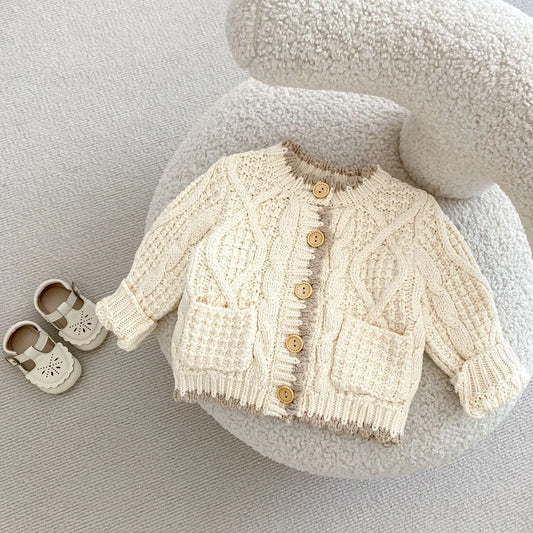 Girls' apricot white cotton knitted coat with round neck, shown in various height sizes from 66cm to 100cm