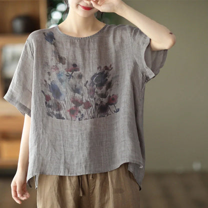 Vintage Ink Print Casual Short Sleeve T-shirt in white, champagne, and dark gray