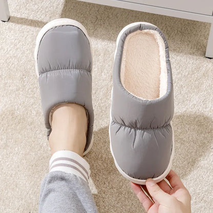 Down cotton slippers with artificial leather upper and rubber anti-slip sole in blue colour