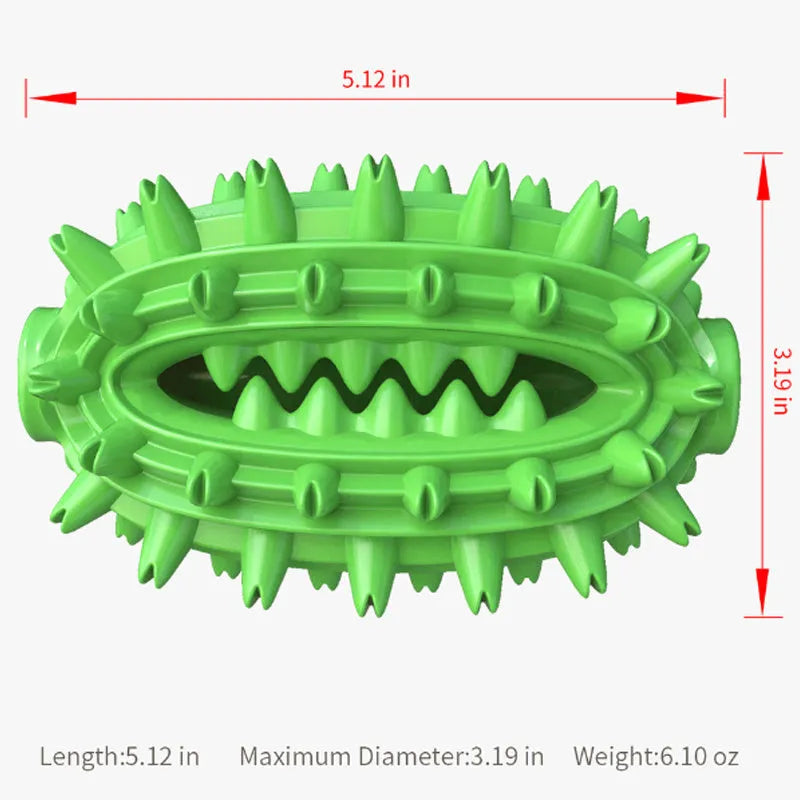 Green cactus-shaped dog toothbrush toy for dental cleaning, with bumps and central channel, on white background