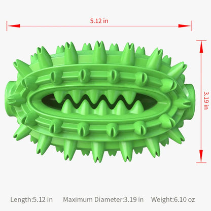 Green cactus-shaped dog toothbrush toy for dental cleaning, with bumps and central channel, on white background