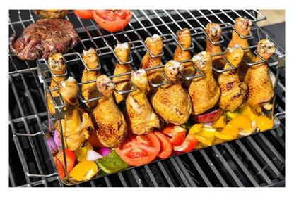 Versatile stainless steel BBQ rib rack with mesh clips, designed to accommodate a variety of chicken wings and legs for even, delicious grilling.