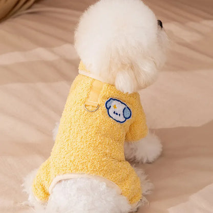 Yellow thick plush dog pyjama one-piece suit with cartoon work-clothes design and lapel collar for puppies and cats