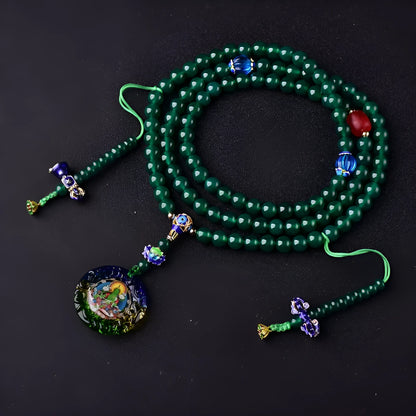 Handmade natural green agate bracelet with thangka pendant and multi-circle bead design