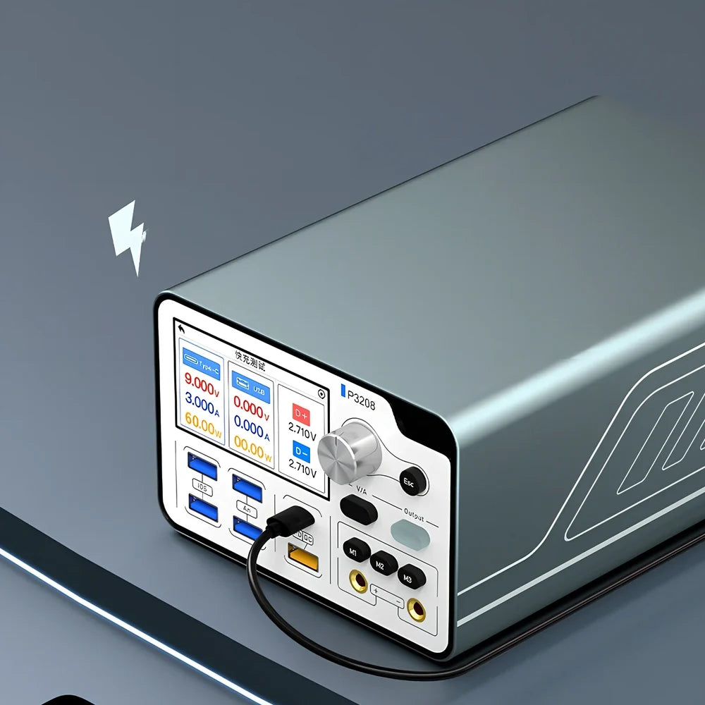 Smart voltage regulator power meter showing 3-inch display with power metrics and connection ports