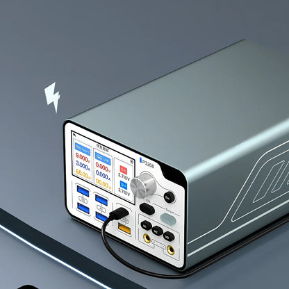 Smart voltage regulator power meter showing 3-inch display with power metrics and connection ports