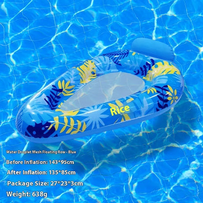 A person lounging on a large, colourful inflatable floating row with sequin details in a swimming pool.