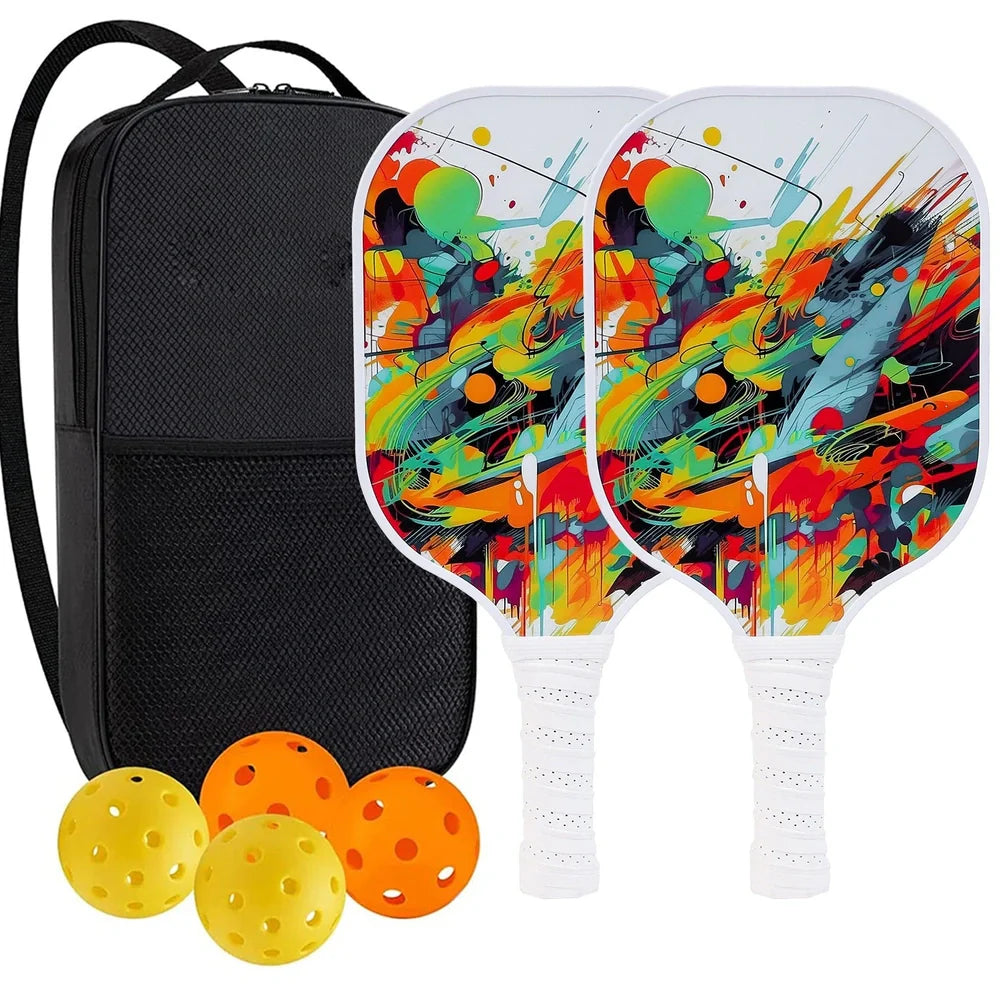Peak Racket fibreglass squash set showing two rackets and four balls for complete playing equipment