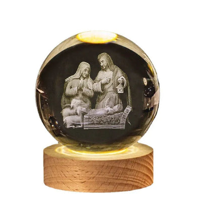 White crystal ball ornament with solid wood warm light base, showing purity engravings like Cross and Maria for desk decor