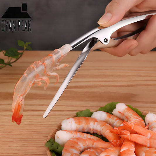 Stainless steel shrimp peeler with 21cm length and ergonomic handle for shell removal