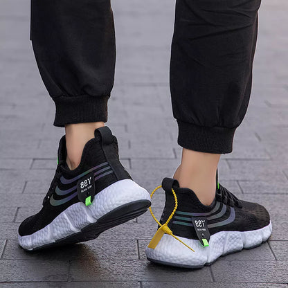 Korean Popcorn Rubber Sports Shoes with stretch fly woven design in white and black