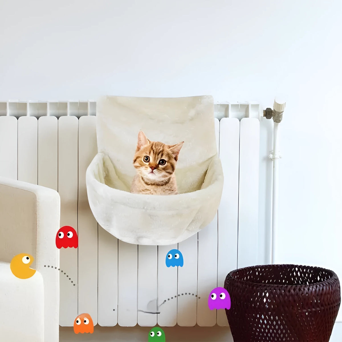Iron frame cat hammock measuring 40cm, made from grey iron fleece cloth, shown mounted in a cage.