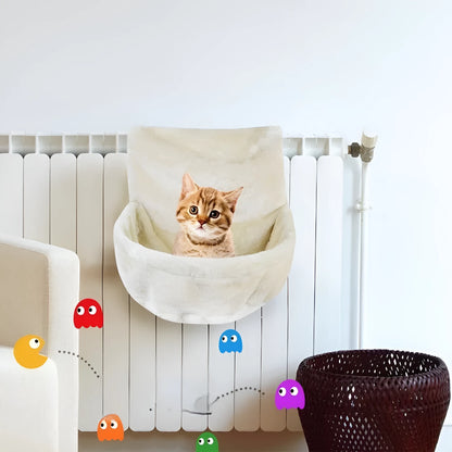 Iron frame cat hammock measuring 40cm, made from grey iron fleece cloth, shown mounted in a cage.