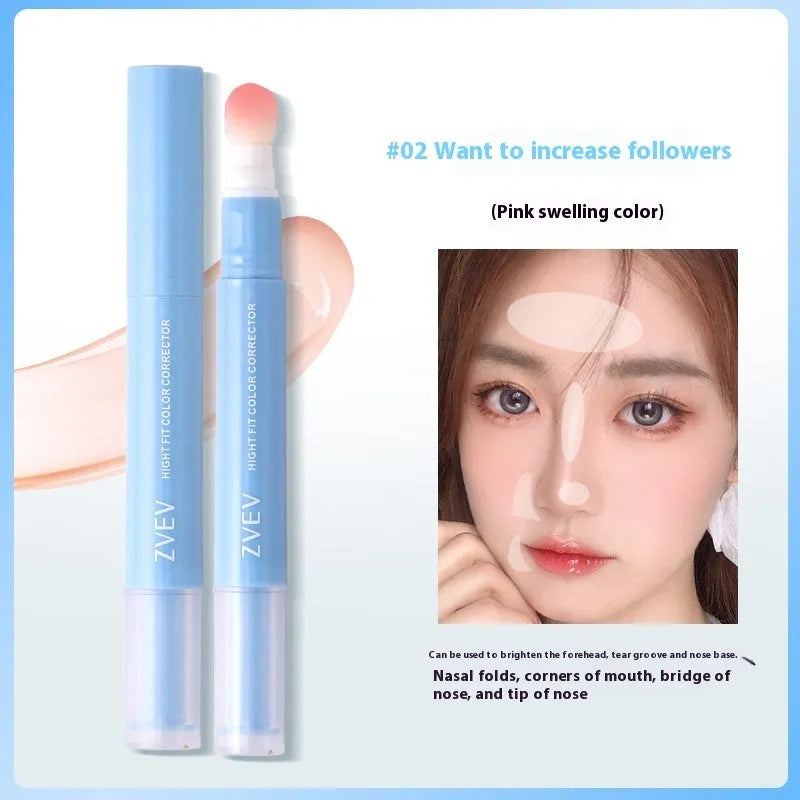 Concealer pen with sponge brush head applicator showing three shade options: brightening, pink flesh, and flesh colour