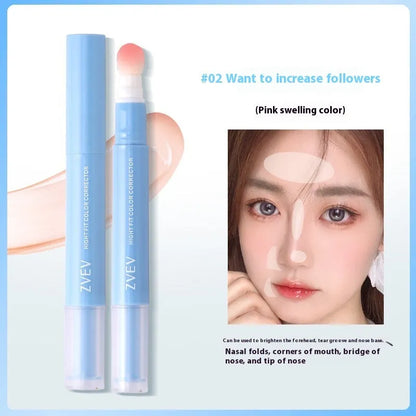 Concealer pen with sponge brush head applicator showing three shade options: brightening, pink flesh, and flesh colour