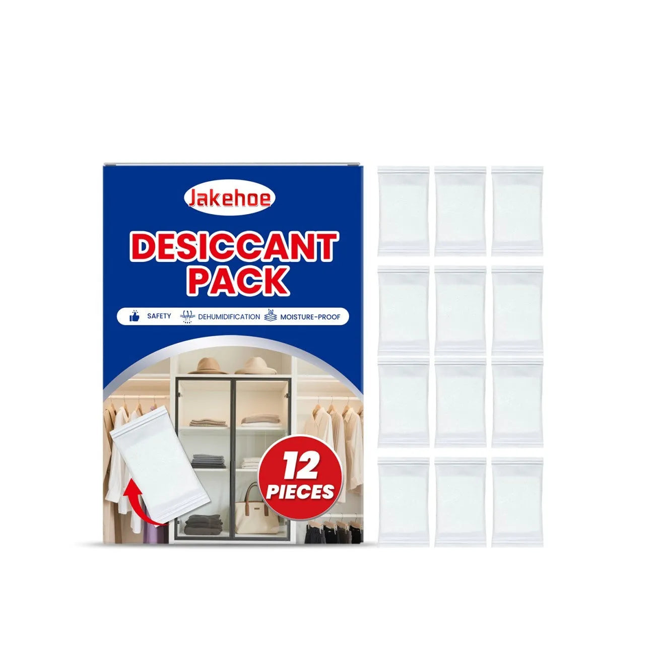 Pack of twelve white calcium chloride desiccant bags for household moisture absorption.