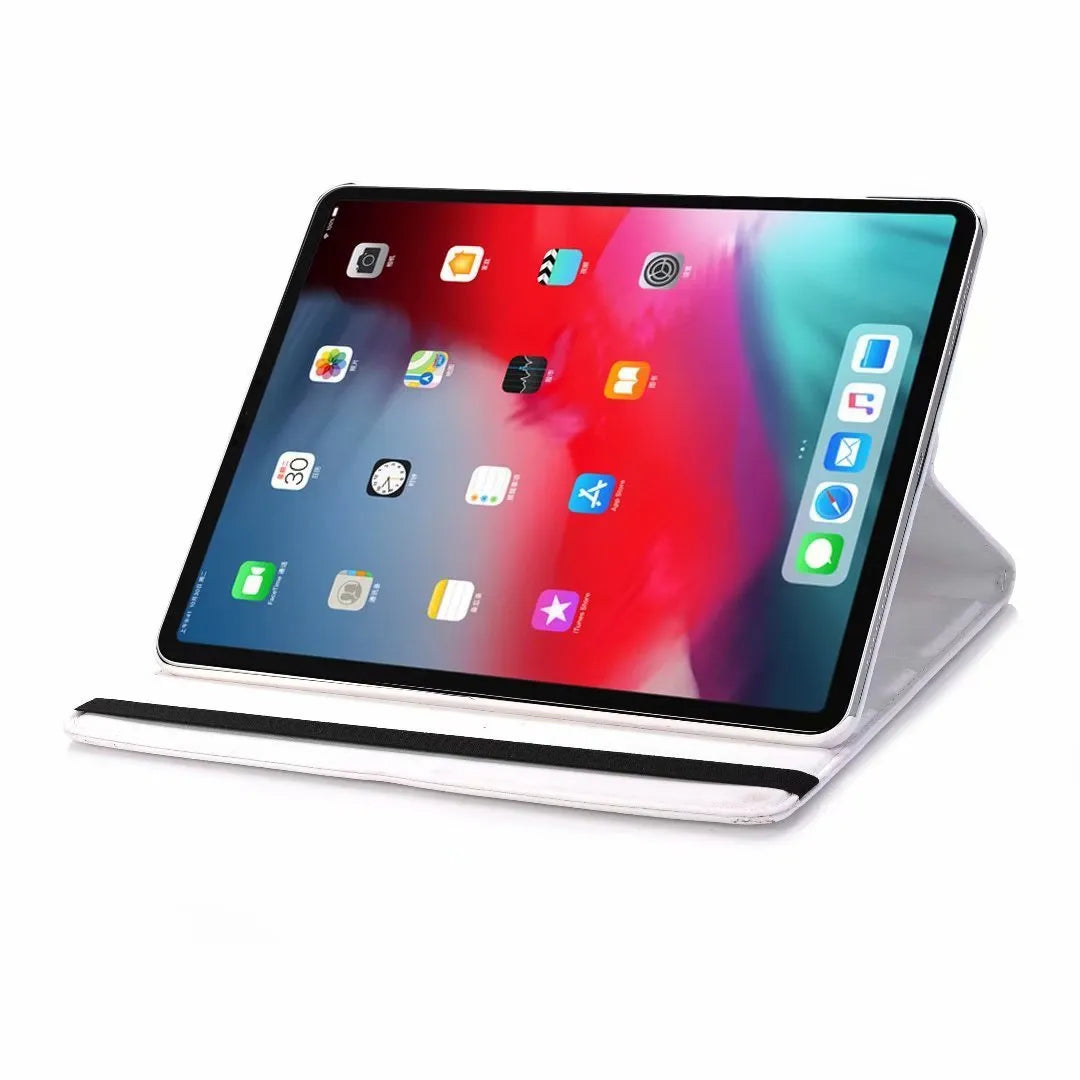 Imitation leather rotating clamshell sleeve case for iPad tablets in multiple colours.