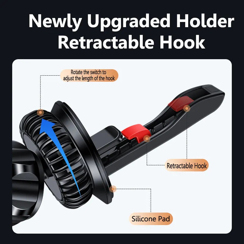 Silver magnetic phone holder clipped onto a car air vent, showing the bracket and separate magnetic metal plate.