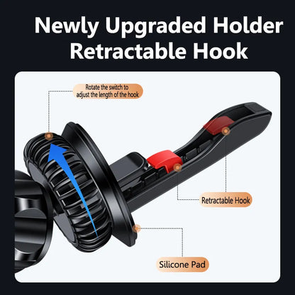Silver magnetic phone holder clipped onto a car air vent, showing the bracket and separate magnetic metal plate.