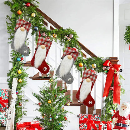 Charming Christmas stockings with red plaid pattern and 3D dwarf accents, perfect for festive home decor