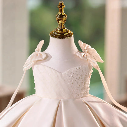 Girls' champagne polyester piano dress with pettiskirt in princess style showing height sizing options