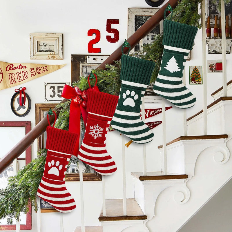 Christmas Cat and Dog Socks Gift Bag Knitted Red Dog's Paw Snowflake Green Tree Red Elk Festive Holiday Novelty Socks for Pets and Owners One Pair