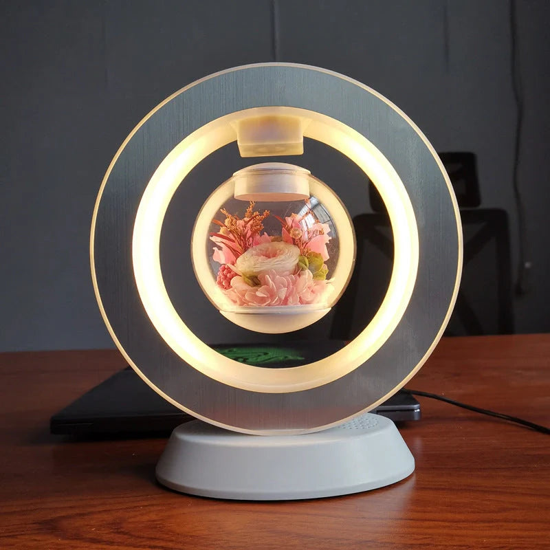 Magnetic Levitation LED Night Light with floating eternal flower in pink rose color