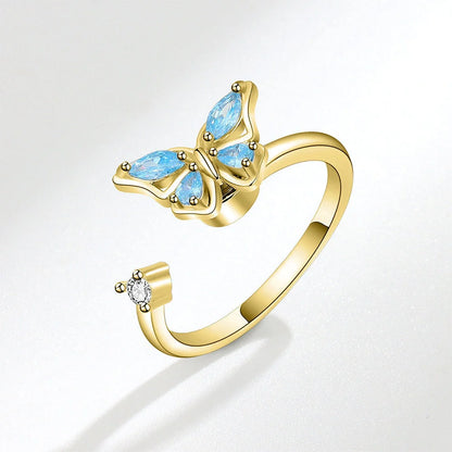 Women's adjustable rotatable butterfly ring with zircon inlay, available in multiple colors