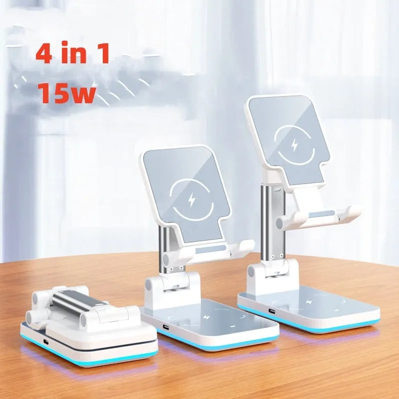 Black desktop wireless charging stand holding mobile phone at angle with power cord connected