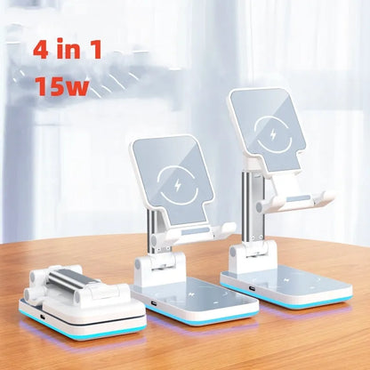 Black desktop wireless charging stand holding mobile phone at angle with power cord connected