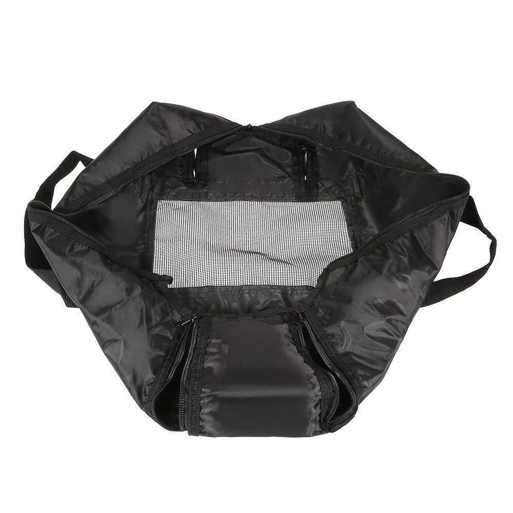 Black cat grooming restraint bag made from 420D PU Oxford fabric, shown open and folded.