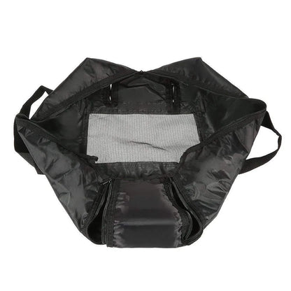 Black cat grooming restraint bag made from 420D PU Oxford fabric, shown open and folded.